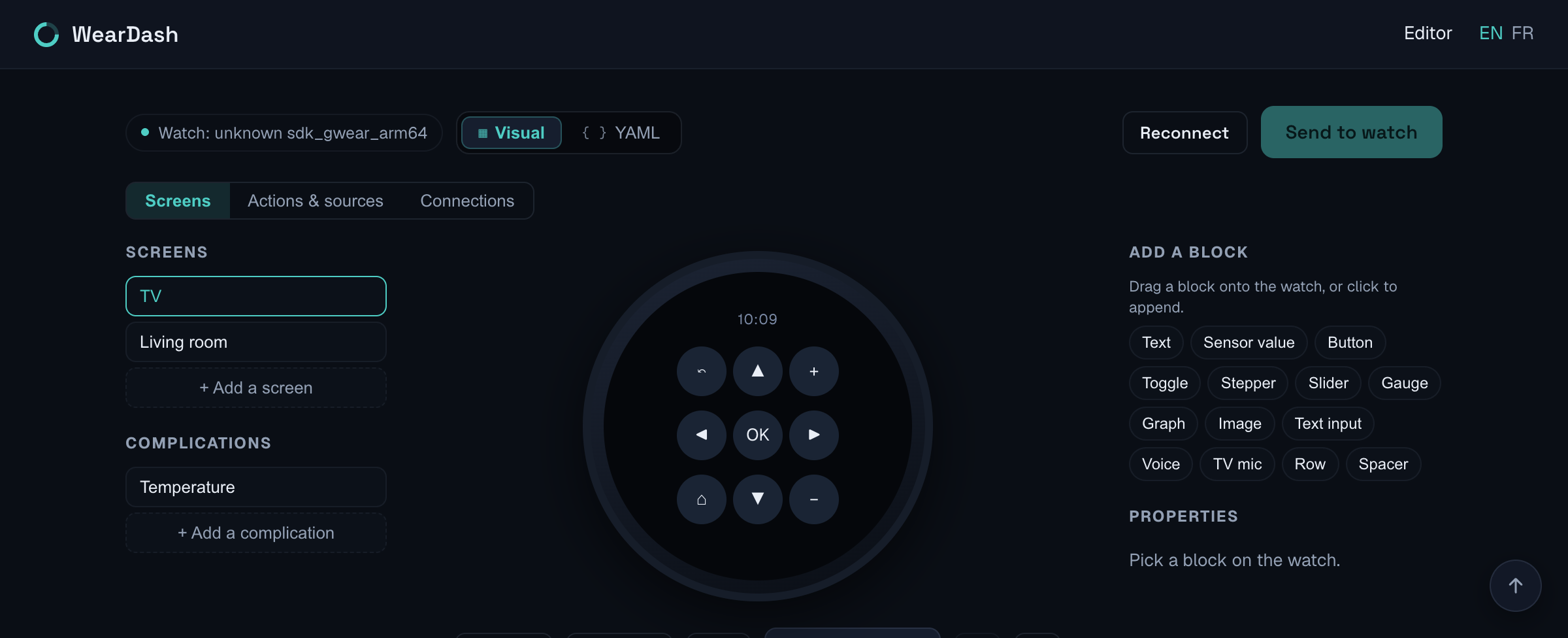 The visual editor: watch preview, block palette and properties