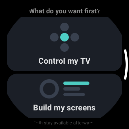 The watch asking whether to control a TV or build your own screens