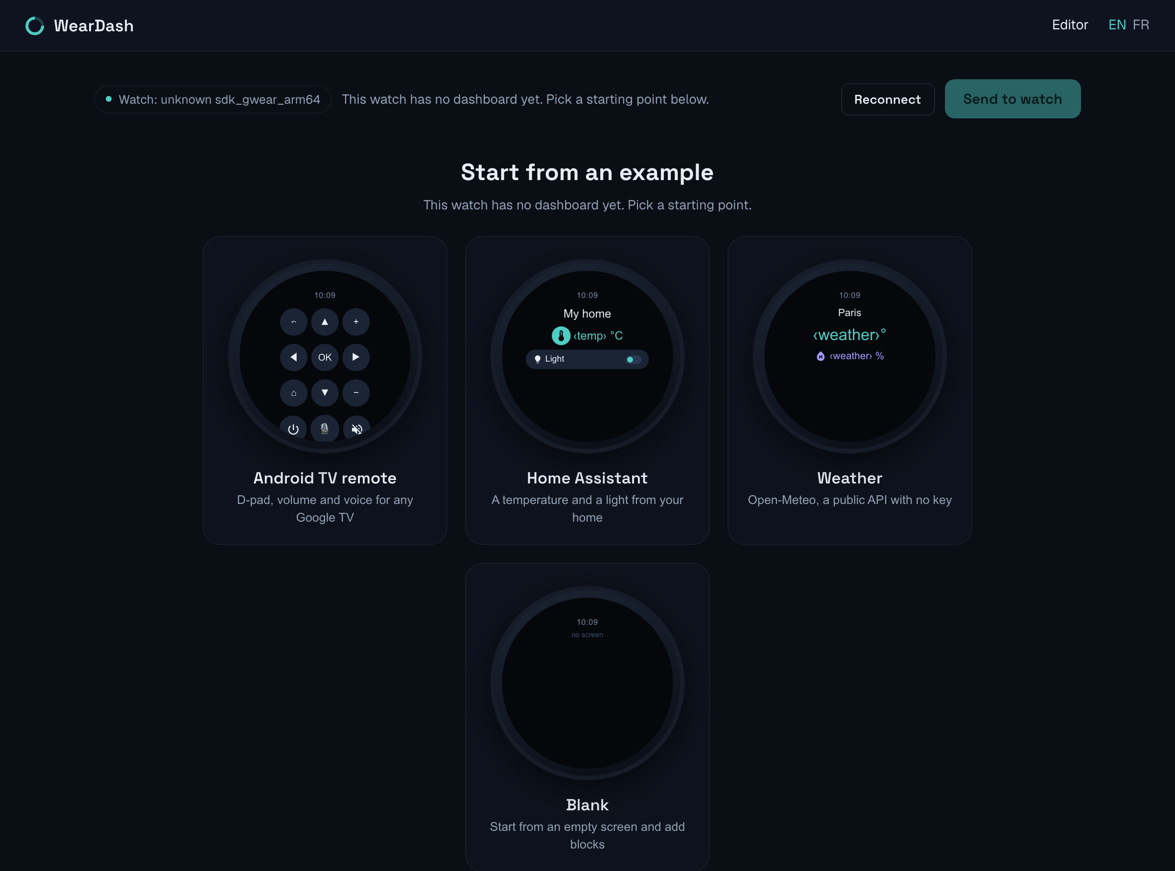 The four starting points: TV remote, Home Assistant, weather, blank