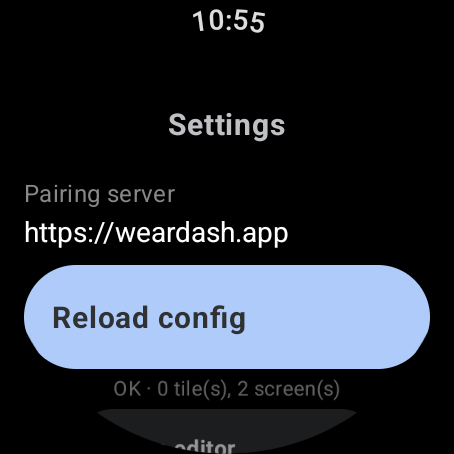 Watch settings, showing the pairing server address