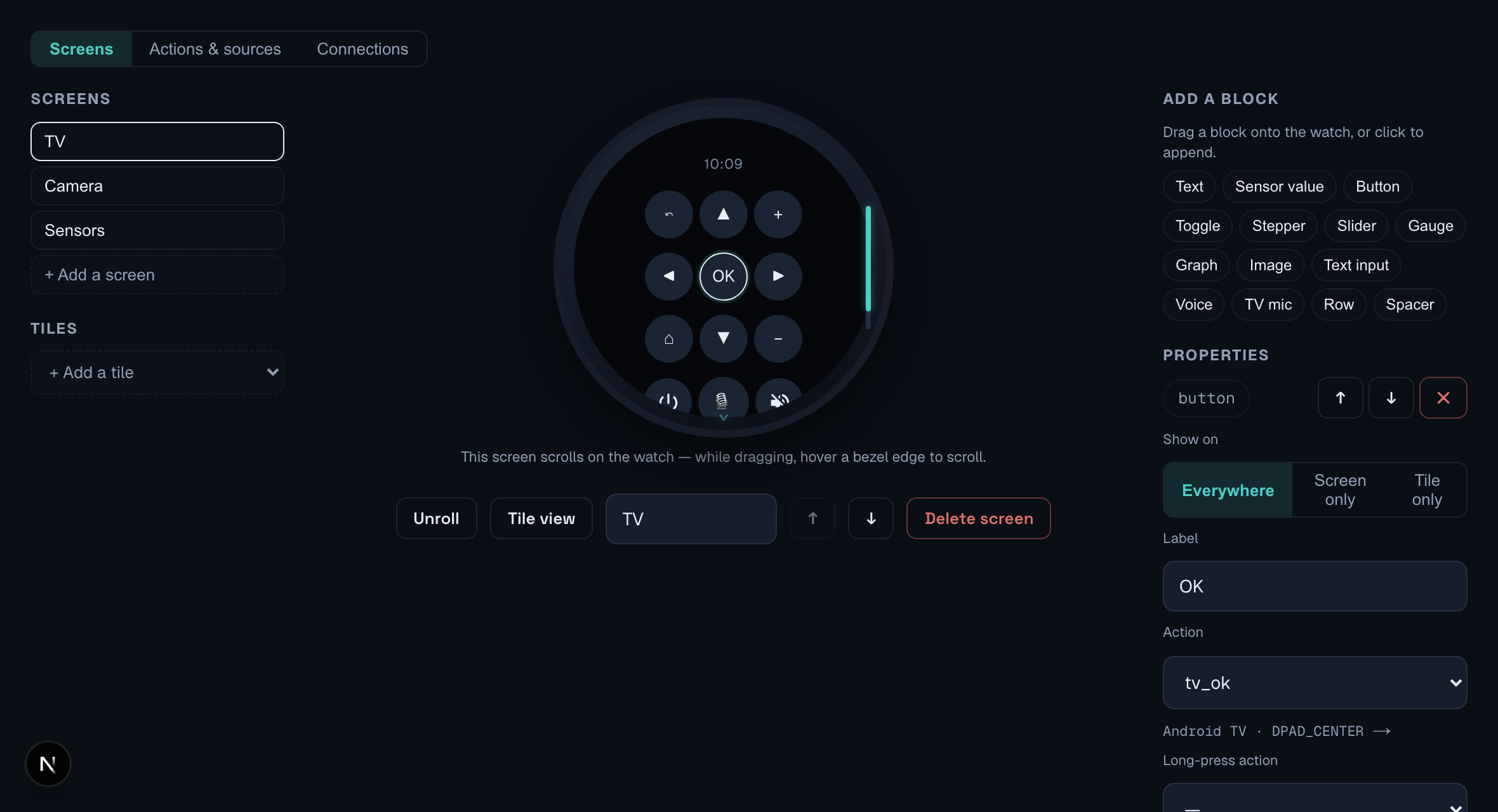 The WearDash visual editor: live watch preview, block palette and properties